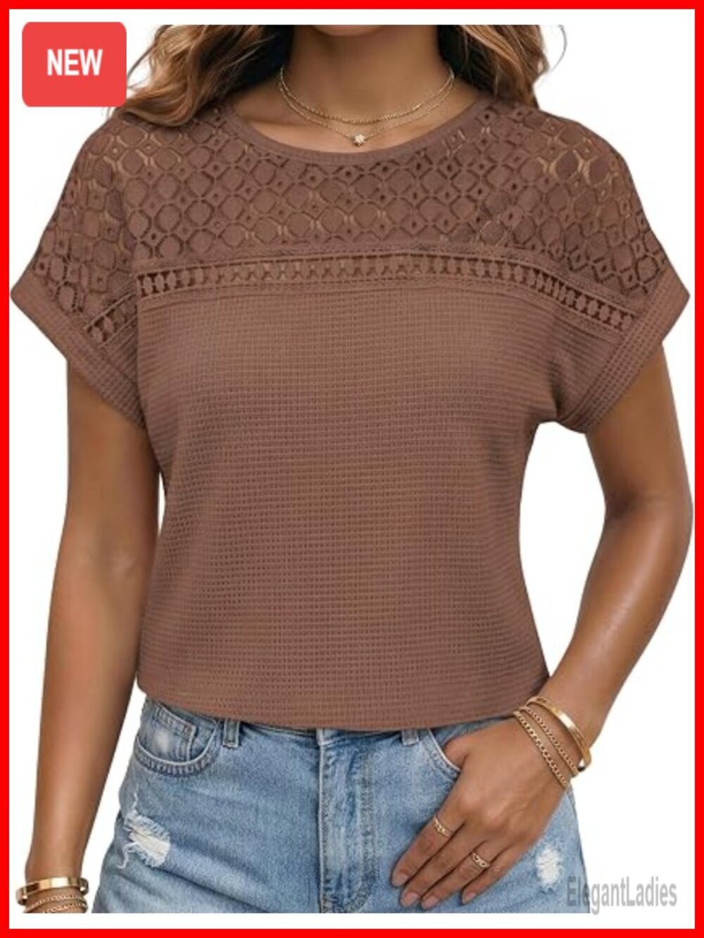 Waffle Knit Short Sleeve T-Shirt Dressy Casual Business Blouse
